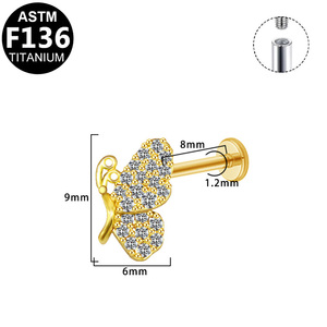 Bijoux corporels Getta en Titane ASTM-F136 et Zircon, motif papillon, Labret G23, anneaux et clous de nez, pour cartilage d'oreille, cadeau de fiançailles - Product Image 5