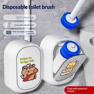 Cepillo de inodoro de esponja de dibujos animados, bonito, no pegajoso, montado en la pared, con estropajo y mango, desechable, para limpieza de baño sin rincones muertos - Product Image 2