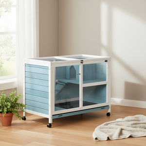 Clapet à lapin d'intérieur à 2 étages, bleu clair, porte verrouillable pour petits animaux, cochons d'Inde, meubles en bois pour lapins. - Product Image 2