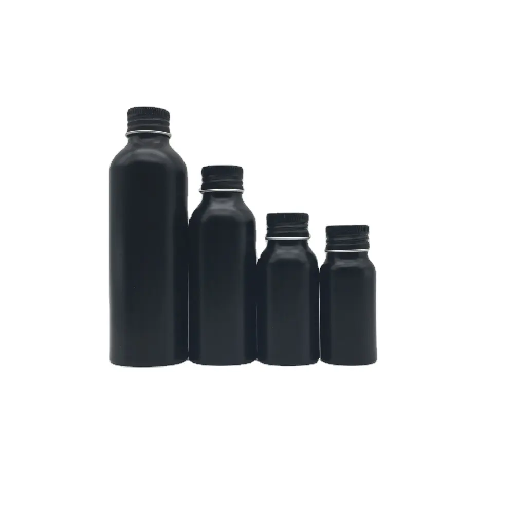 زجاجة ألومنيوم دائرية فارغة 200 مل للزيوت العطرية سوداء غير لامعة حاوية تعبئة مستحضرات تجميل زجاجة معدنية مزودة بغطاء لولبي