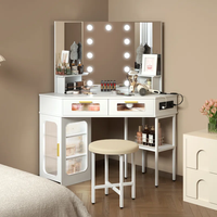 Ensemble de coiffeuse d'angle avec miroir éclairé, station de charge, étagères de rangement et commode pour chambre à coucher