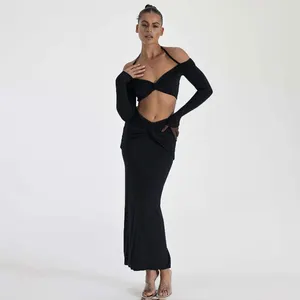 Fall 2023 Women Clothes Purple Halter Long Sleeve Crop Tops Co Ord Set Twist Sexy Bodycon Skirt 2 Piece Set