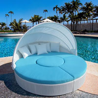 Sofá Cama Redondo de Ratán para Exteriores, Multifuncional, para Jardín, Villa, Piscina, con Toldo Retráctil