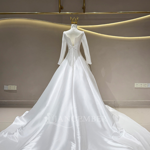 Robes de mariée JFH120 modernes, style chapelle, en dentelle et cristal, modestes, en satin, à manches longues, coupe trapèze, couleur ivoire - Product Image 5