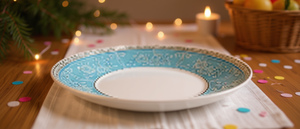 Set di 7 Piatti per Frutta in Ceramica Blu con Motivo a Rose, Stoviglie Rotonde per Feste e Occasioni Speciali - Product Image 2