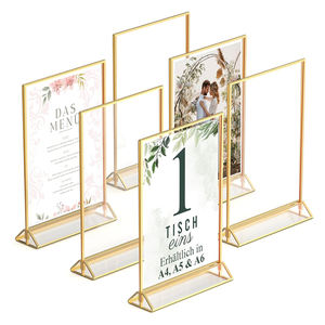 Numéros de table de mariage en acrylique <span class=keywords><strong>double</strong></span> face format A5, cadres photo, porte-panneaux transparents avec bordure dorée de 3 mm et <span class=keywords><strong>support</strong></span> <span class=keywords><strong>vertical</strong></span> - Product Image 5