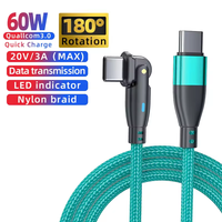 Cable USB C a USB C de Carga Rápida de 60 W 3 A 180 °   Cable giratorio de nailon trenzado tipo C para carga y transferencia de datos para Apple Samsung