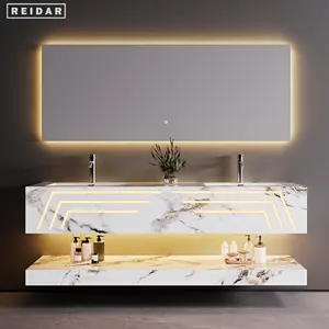 Işık lüks duvara monte mermer sinterlenmiş taş banyo Vanity lavabo aynalı dolap