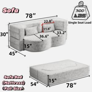 Modernes Konvertierbares Stoff-Schaumstoff-Schlafsofa mit 2 Kissen Umweltfreundliches Verstellbares Tragbares Design 15 Zoll Vollgröße Klappbar - Product Image 6