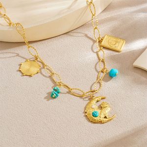 Gold Plated Vintage Turquoise Inlaid Moon Owl Pendant Clavicle Chain Necklace Themed Pendants Gift Jewelry - Product Image 2