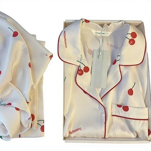 Pyjama en soie respirante à manches longues et coupe longue, motif petites cerises, style français haut de gamme, pour le printemps et l'automne, tenue d'intérieur, transfrontalier - Product Image 1