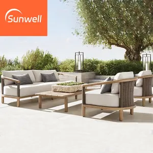Set sofa kayu gaya Eropa, set furnitur taman tempat duduk ganda sofa makan kayu jati dengan meja
