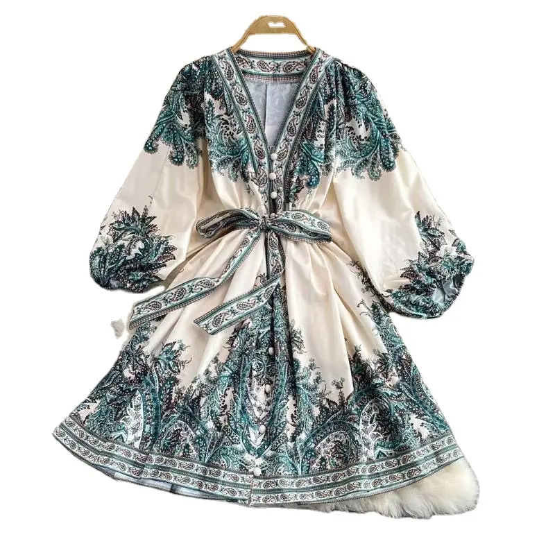Factory Wholesale Women Clothes 2023 Ladies Dress Floral Print Maxi Dress Turtleneck Elegant Casual Dresses Summer Chiffon