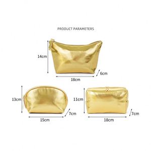 Luxury Pure Golden Color Fashion Travel Women's Cosmetic Bag Pu Leather <b>Case</b> Toiletry <b>Makeup</b> Pouch With Zipper - Product Image 2