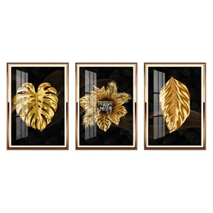 Latest Home Decorative Modern Golden Leaf Wall Frame Picture Or Art Decor Merge Crystal Porcelain Painting Kits