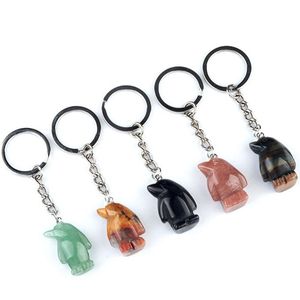 High Quality Creative Little Penguin Natural Healing Stone Carved Animal Key Chain Bag Car Accessories As a Gift for Women Girls