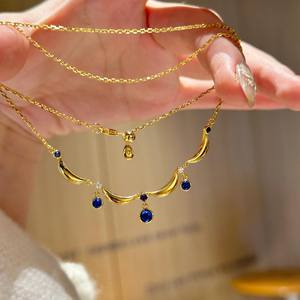 Collier en argent pur S925, style rétro luxueux, goutte d'eau mystérieuse, pompon bleu, ensemble de bagues au tempérament exquis pour la mode, perles - Product Image 3