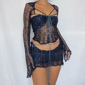 Abiti da festa Sexy da donna in 2 pezzi con abiti da notte da donna lavorati a maglia con paillettes 3 pezzi