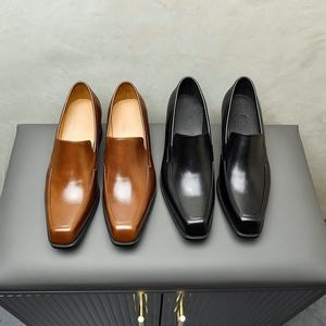 Men's genuine leather <b>small</b> square head high <b>heels</b> shoes 5 cm increase in height trendy shoes in brown and <b>black</b> - Product Image 2