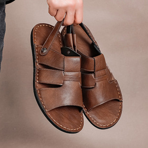 Sandalias de cuero cosidas a mano para hombre, con correa trasera convertible, sandalias casuales antideslizantes para caminatas urbanas y al aire libre. - Product Image 1