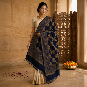 Hand Embroidered Long Ajrak Scarf Viscose <b>Shawl</b> <b>Navy</b> <b>Blue</b> Floral Leaf Border Tassel Wrap Breathable Lightweight for Daily Wear - Product Image 3