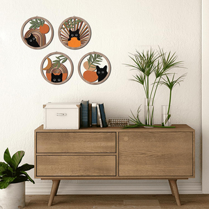 4 Pieces of Bohemian Wooden Wall Art Decorations Featuring Cats and Plants, Hanging Wooden Plaques for Farmhouse, Bedroom, Livin