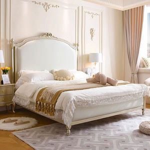 French Style High <b>End</b> Light Luxury Master Bedroom Double <b>Bed</b> Rubber Wood Engraved Design White Gold Color - Product Image 3