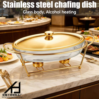 Matériel de restauration hôtelière de luxe : Réchaud de buffet ovale doré en acier inoxydable avec chauffage à l'alcool, chauffe-plats en verre 3L, ensemble de réchauds pour buffet