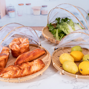 <span class=keywords><strong>Cesta</strong></span> de Picnic Redonda de Bambú con Cubierta de Malla, Carpa para Servir Alimentos <span class=keywords><strong>a</strong></span> Prueba de Polvo para Almacenamiento de Verduras - Product Image 2