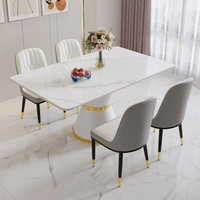 Ensemble de table à manger en pierre frittée minimaliste italienne, base en piédestal blanc doré, style moderne, luxe léger, rectangulaire, pour maison, villa, restaurant