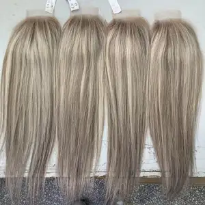 Peluca de cabello humano virgen para mujer, accesorio con cierre de encaje de color ombré, con reflejos rubio ceniza a la moda, para sistema de adelgazamiento del cabello