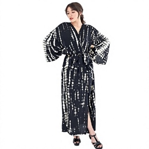 Bata Larga de Algodón para Mujer con Estampado Tie-Dye, Cuello en V, Manga Larga, Estilo Kimono Casual de Verano, Cierre con Cordón, Tejido Suave - Product Image 1
