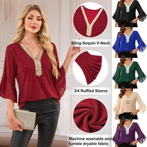 Camisa de Oficina Casual de Gasa para Mujer, Estilo Primavera/Verano, Transpirable, Cuello en V, Media Manga, Venta al por Mayor - Product Image 2