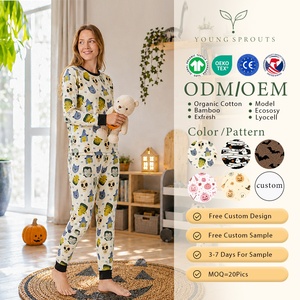 Pyjamas en coton biologique pour femmes, ensemble de 2 pièces, imprimé monstre, vêtements de nuit pour <span class=keywords><strong>la</strong></span> <span class=keywords><strong>famille</strong></span>, Halloween, marque privée, OEM, OEKO-TEX - Product Image 1
