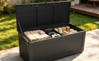 Boîte de rangement extérieure de 103 gallons, boîte de rangement extérieure verrouillable et étanche pour le jardin, bac de rangement pour tuyau d'arrosage, outils de jardin