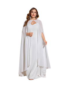 Robe <span class=keywords><strong>de</strong></span> mariée élégante et simple pour femme, blanche unie, col rond, coupe ajustée, longueur maxi, avec cape châle au sol - Product Image 1