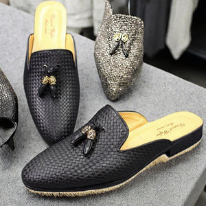 Mules décontractées à bout pointu en cuir véritable pour homme, à enfiler, talon bas, pompon, printemps, été, automne - Product Image 3