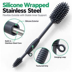 Brosse à biberon en silicone 2 en 1, double extrémité, nettoyeur de tétine, brosse de nettoyage de bouteille d'eau à long manche, noyau en acier inoxydable - Product Image 4