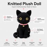 Peluche tricotée chat noir en gros, jouet en peluche tricoté chat noir pas cher, poupée chat noir tricotée personnalisée