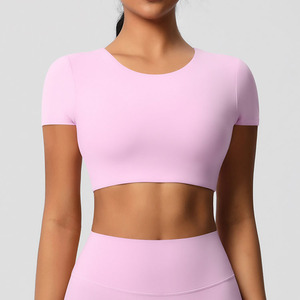 Özel Logo düz renk yüksek kalite kadınlar spor Fitness egzersiz rahat duygu günlük giyim Yoga kırpılmış tarzı üst T-shirt - Product Image 1