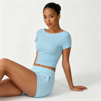 Haut d'entraînement sexy et moulant pour femme, dos ouvert, extensible, à manches courtes, pour yoga et fitness