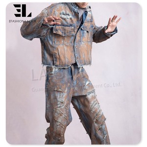 Larsur Tùy Chỉnh Nhà Máy Thiệt Hại Đau Khổ Bùn Rửa Xe Máy Denim Áo Khoác Và Quần Denim 2Pcs <span class=keywords><strong>Jean</strong></span> Sáp Tráng Denim Bộ Người Đàn Ông - Product Image 5