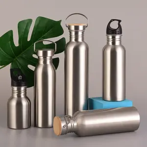 Wholesale Manufacturers Bamboo Cover Outdoor Single Wall Stainless Steel Wide Mouth Water Bottle With Handle