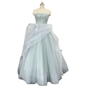 A-line elegant strapless blue tail floor length wedding dress
