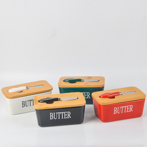 Caja de mantequilla de cerámica nevera caja de mantequilla de queso <span class=keywords><strong>rectangular</strong></span> con cuchillo y tapa de madera - Product Image 2