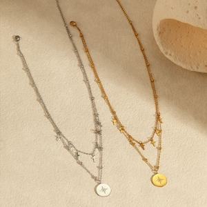 Colliers pendentifs circulaires étoile croisée double couche en acier inoxydable, bijoux fins, colliers pendentifs tendance pour femmes - Product Image 2