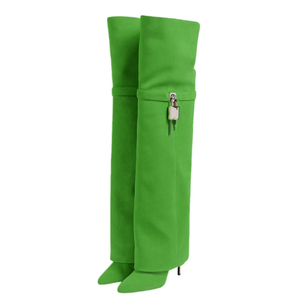 Botas de tacón alto de aguja para mujer, de gamuza, con cierre de tiburón metálico, plegables por encima de la rodilla, con punta, en colores personalizados - Product Image 3