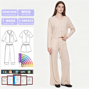 Custom ODM/OEM 100% Organic Cotton Knit V-Neck Button Cardigan Drawstring Wide Leg Pants Loungewear Set for Women - Product Image 1