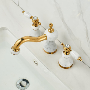 <span class=keywords><strong>Robinet</strong></span> de lavabo de salle de bain en laiton doré rose européen avec veinures de jade jaune-vert, trois trous, trou moyen de huit pouces - Product Image 5