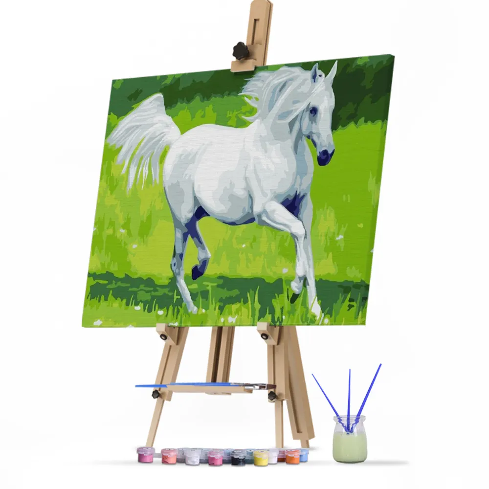 ชุดวาดภาพ DIY ม้าขาวดำสำหรับตกแต่งบ้านวาดภาพระบายสีตามตัวเลขพร้อมกรอบสำหรับผู้ใหญ่